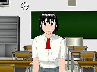 3D动漫女学生在她的膝盖吹硬家伙